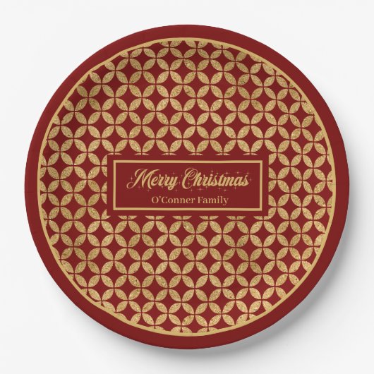 Holiday Paper Plates Red Gold Festive Monogram Papieren Bordje (Voorkant)