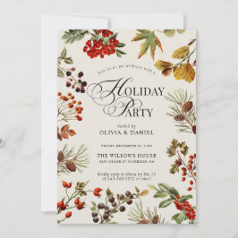 Holiday Party Botanical Plants Berries Script Kaart