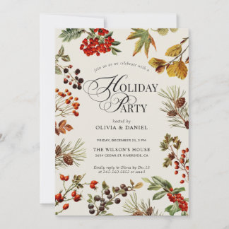 Holiday Party Botanical Plants Berries Script Kaart