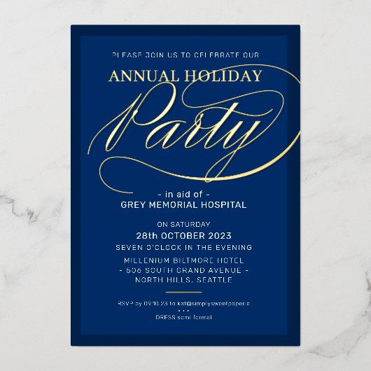 HOLIDAY PARTY elegant event fancy script marine go Folie Uitnodiging (Voorkant)