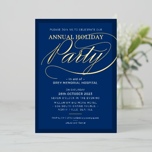 HOLIDAY PARTY elegant event fancy script marine go Folie Uitnodiging (Staand Voorkant)