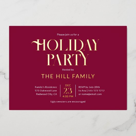 Holiday Party Elegant Red Folie Uitnodiging (Voorkant)