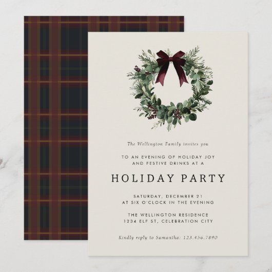 Holiday Party Festive Christmas Wreath Ribbon Kaart (Voorkant / Achterkant)