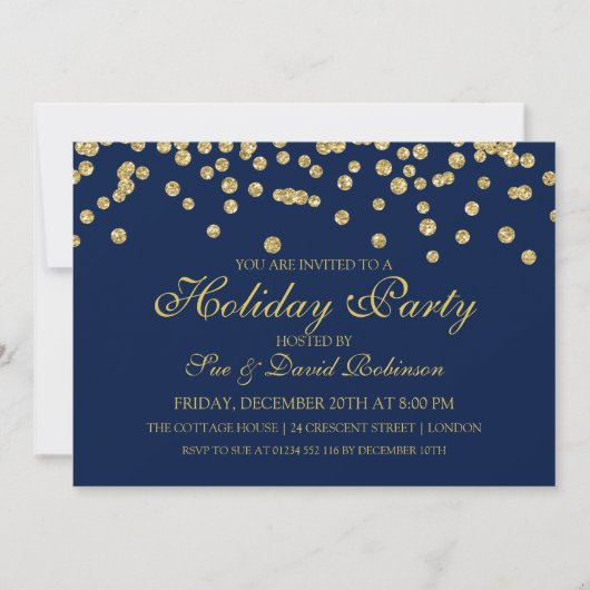 Holiday Party Gold Glitter Confetti Navy Blue Kaart (Voorkant)