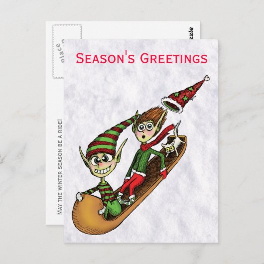 Holiday Party Invitation - Crazy Elf Sled Ride Briefkaart (Voorkant / Achterkant)