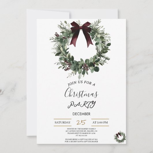 Holiday Party Invitation Elegant Christmas Wreath Kaart (Voorkant)