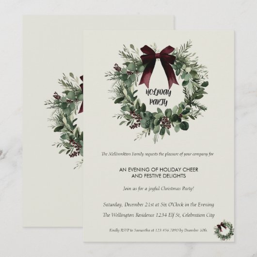 Holiday Party Invitation Elegant Christmas Wreath Kaart (Voorkant / Achterkant)