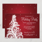 Holiday Party Invitation Swirly Tree Red Kaart (Voorkant / Achterkant)