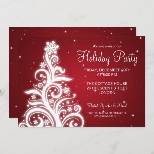 Holiday Party Invitation Swirly Tree Red Kaart (Voorkant / Achterkant)