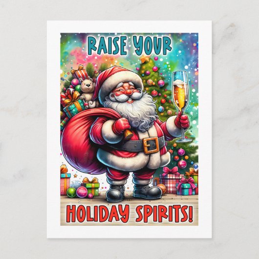 Holiday Party Santa – Champagne, Tree & Teddy Bear Briefkaart (Voorkant)