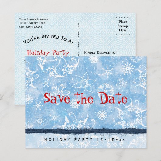 Holiday Party Snowflakes Bewaar de datum Aankondigingskaart (Voorkant / Achterkant)