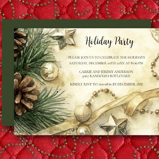 Holiday Party Waterverf Invitation Pine Cone Gold Kaart