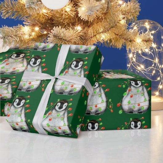 Holiday Penguin - roodroze en groene lichten Cadeaupapier (Feestdagen)