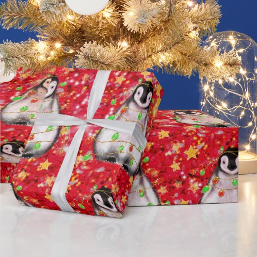 Holiday Penguin - roodroze en groene lichten Cadeaupapier (Feestdagen)