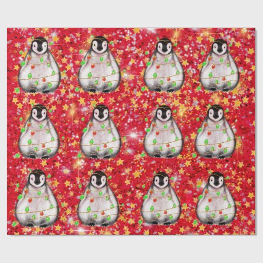 Holiday Penguin - roodroze en groene lichten Cadeaupapier (Vlak)