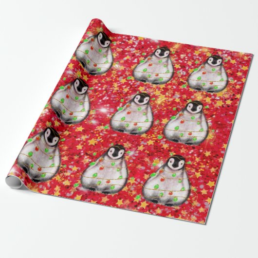 Holiday Penguin - roodroze en groene lichten Cadeaupapier (Uitgerold)