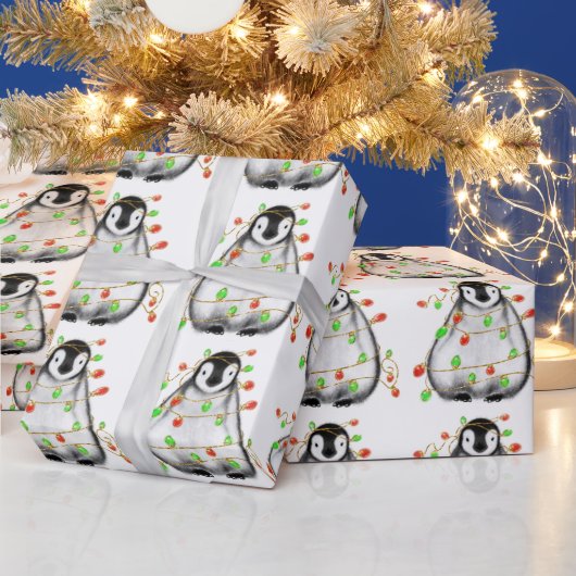 Holiday Penguin - roodroze en groene lichten Wra Cadeaupapier (Feestdagen)