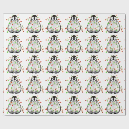 Holiday Penguin - roodroze en groene lichten Wra Cadeaupapier (Vlak)