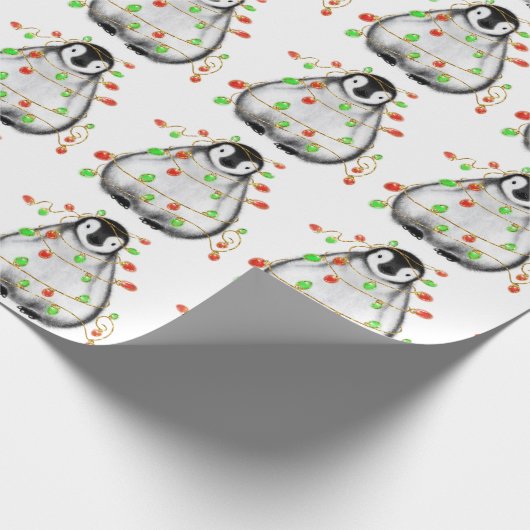 Holiday Penguin - roodroze en groene lichten Wra Cadeaupapier (Hoek)
