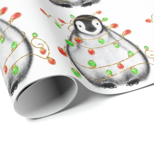 Holiday Penguin - roodroze en groene lichten Wra Cadeaupapier (Rol Hoek)