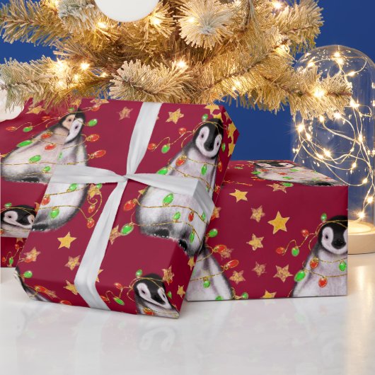 Holiday Penguin - roodroze en groene lichten Wra Cadeaupapier (Feestdagen)