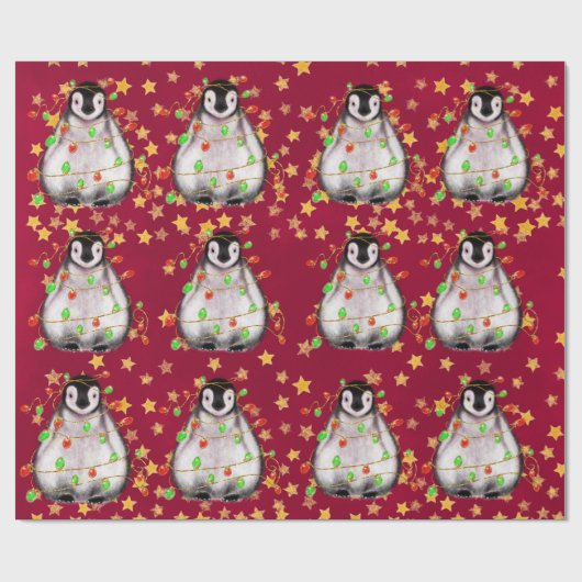 Holiday Penguin - roodroze en groene lichten Wra Cadeaupapier (Vlak)