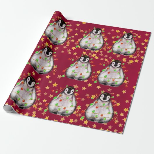 Holiday Penguin - roodroze en groene lichten Wra Cadeaupapier (Uitgerold)
