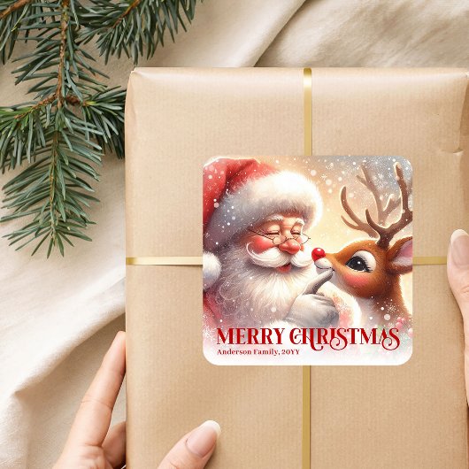 Holiday Personalized Santa and Rudolph Gift Sticke Vierkante Sticker