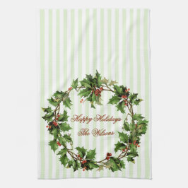 Holiday Personalized Vintage Holly Wreath Theedoek