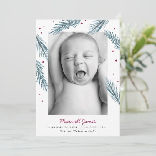 Holiday Pine Leaves and Berries Multi Photo Birth Aankondiging (Staand voorkant)