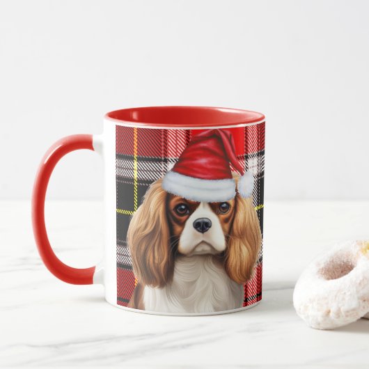 Holiday Plaid King Charles Spaniel Kersthond Mok (Met donut)