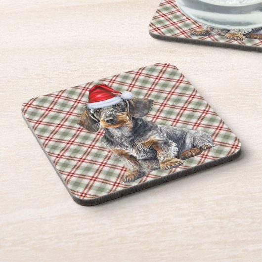 Holiday Plaid Wire Hair Dachshund Santa Dog Bier Onderzetter (Linkerzijde)