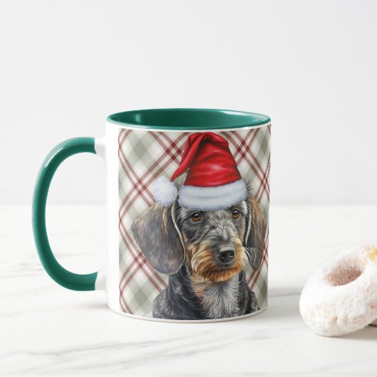 Holiday Plaid Wire Hair Dachshund Santa Dog Mok (Met donut)