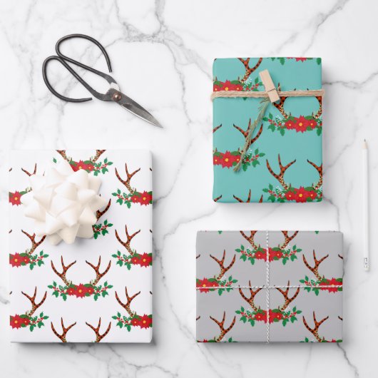 Holiday Poinsettia en Antlers Inpakpapier Vel (Voorkant)