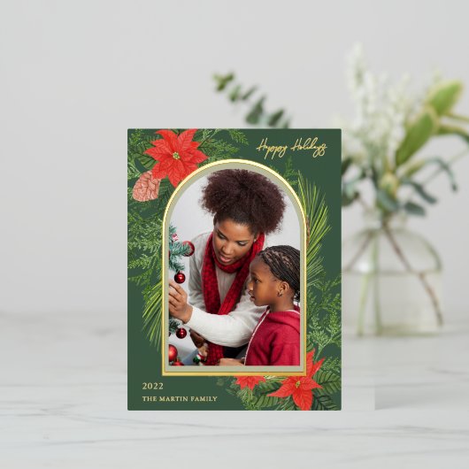 Holiday Poinsettia en Greenery Foto Folie Feestdagen Briefkaart (Staand Voorkant)
