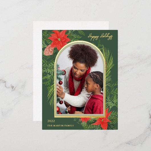 Holiday Poinsettia en Greenery Foto Folie Feestdagen Briefkaart (Voorkant / Achterkant)