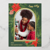 Holiday Poinsettia en Greenery Foto Folie Feestdagen Briefkaart (Voorkant)