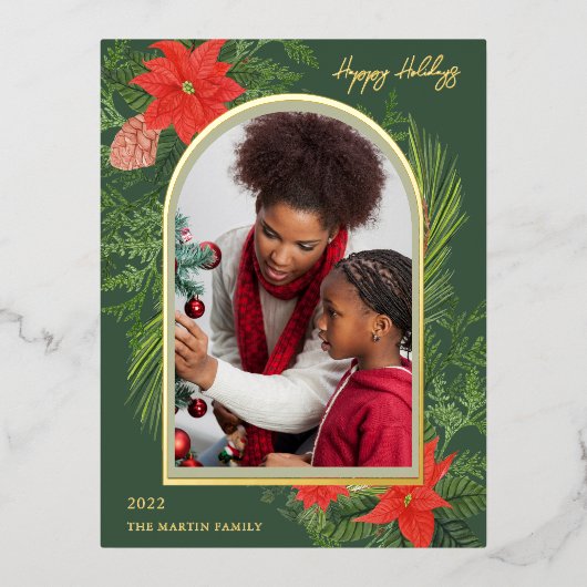 Holiday Poinsettia en Greenery Foto Folie Feestdagen Briefkaart (Voorkant)