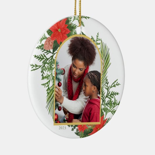 Holiday Poinsettia en Greenery Foto Keramisch Ornament (Rechts)