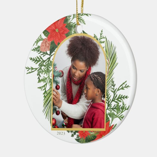 Holiday Poinsettia en Greenery Foto Keramisch Ornament (Links)