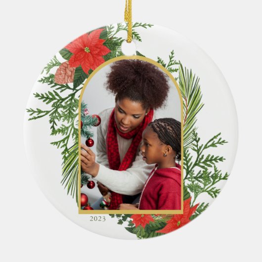 Holiday Poinsettia en Greenery Foto Keramisch Ornament (Achterkant)