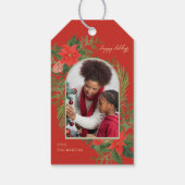 Holiday Poinsettia en Greenery Foto Kerstmis Cadeaulabel (Achterkant)