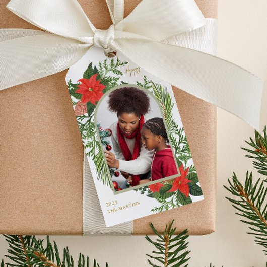 Holiday Poinsettia en Greenery Foto Kerstmis Cadeaulabel