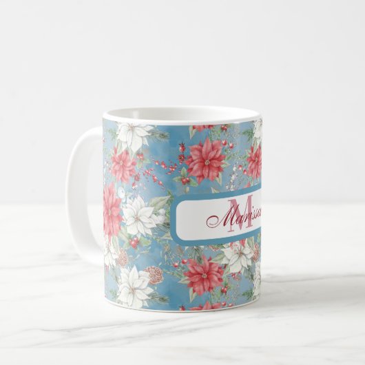 Holiday Poinsettia Floral Mok over Blue Personaliz (Voorkant links)
