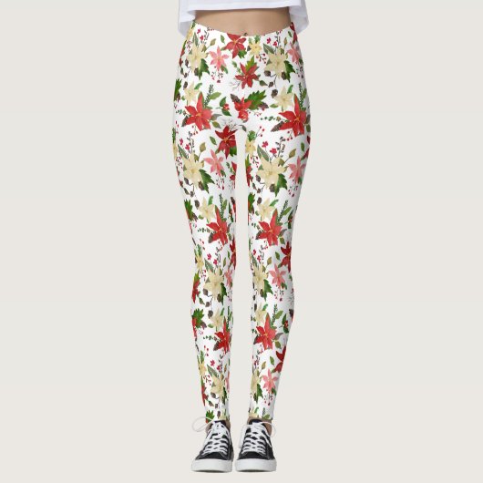 Holiday Poinsettia Holly Red Kerstpatroon Leggings (Voorkant)