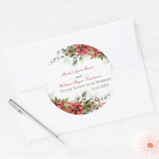 Holiday Poinsettia Wedding Classic Round Sticker (Envelop)
