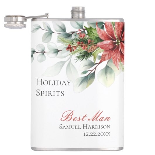 Holiday Poinsettia Wedding Flask for Groomsmen Heupfles (Geopend)