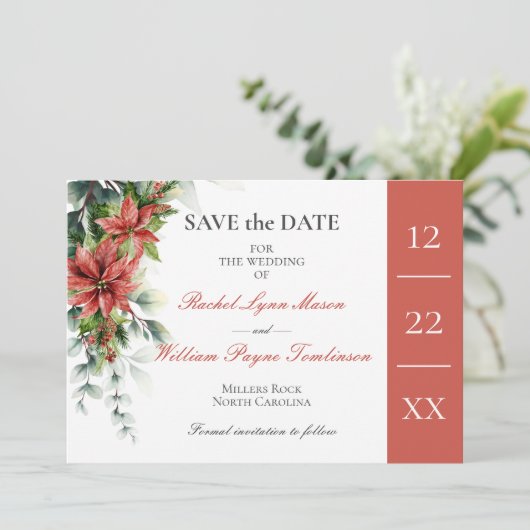 Holiday Poinsettia Wedding Save the Date Kaart (Staand voorkant)