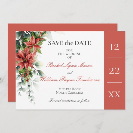 Holiday Poinsettia Wedding Save the Date Kaart (Voorkant / Achterkant)