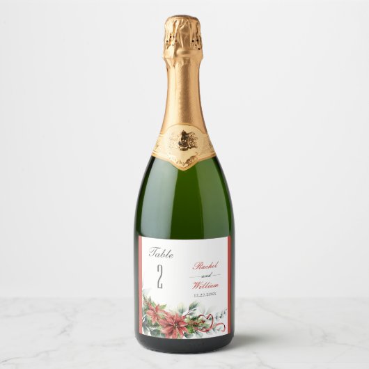 Holiday Poinsettia Wedding Table Number Labels Sparkling Wijnetiket (Voorkant)